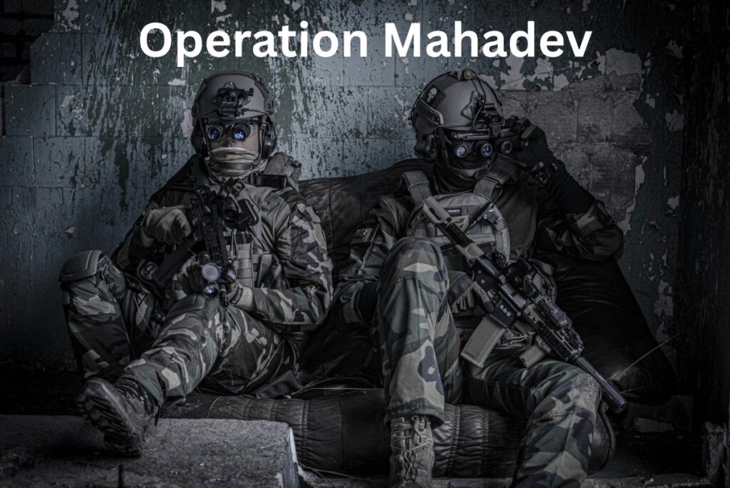 Two Indian special force commandos in camouflage gear during Operation Mahadev in a damaged urban setting