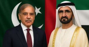 Pakistan Prime Minister Shehbaz Sharif and UAE Prime Minister Sheikh Mohammed bin Rashid Al Maktoum with national flags