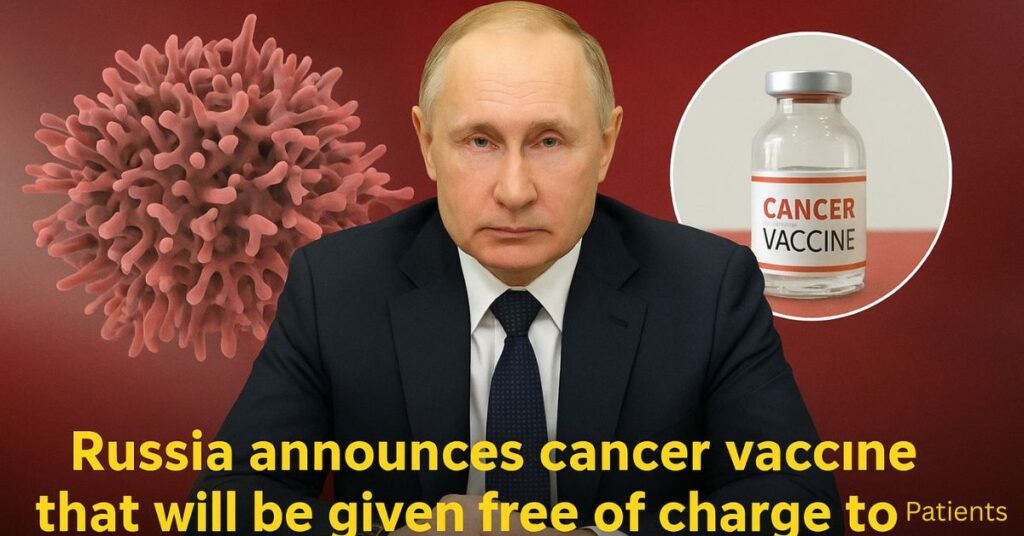 Russian President Vladimir Putin announces Cancer Vaccine with background of cancer cells and vaccine vial