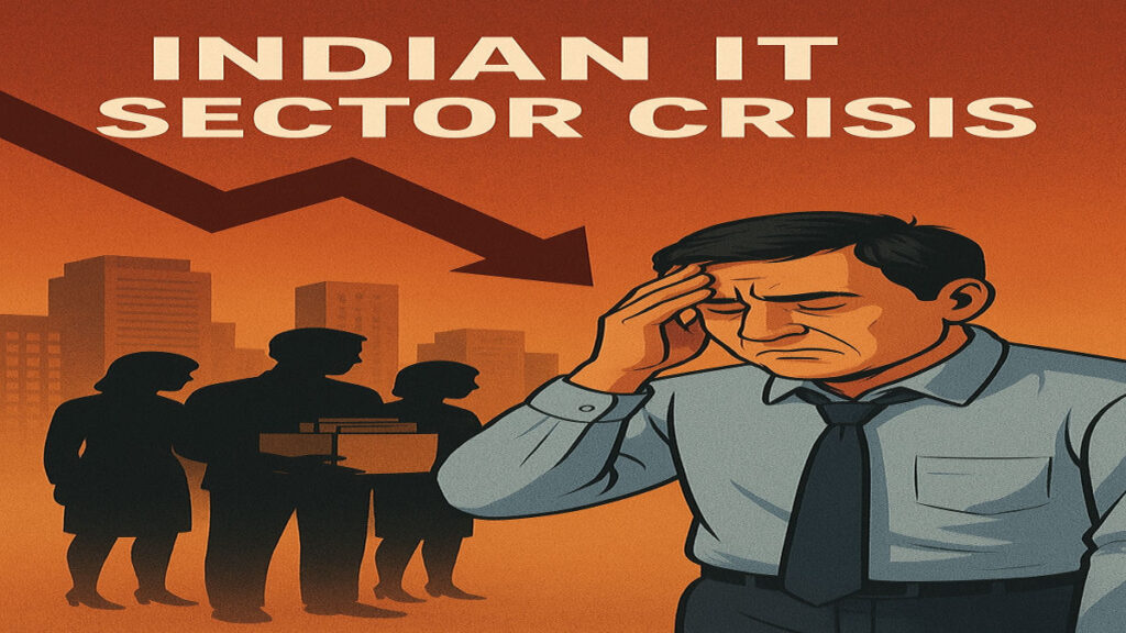 Indian IT sector crisis illustration showing job layoffs and economic slowdown